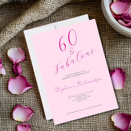 Pink Script Sixty and Fabulous 60th Birthday Party Kaart