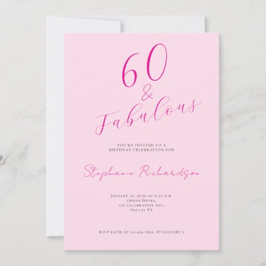 Pink Script Sixty and Fabulous 60th Birthday Party Kaart (Voorkant)