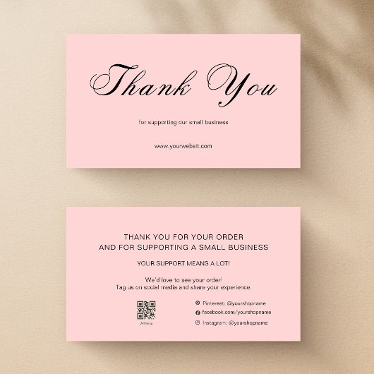 Pink Script Thank You Card QR Code Small Business Visitekaartje