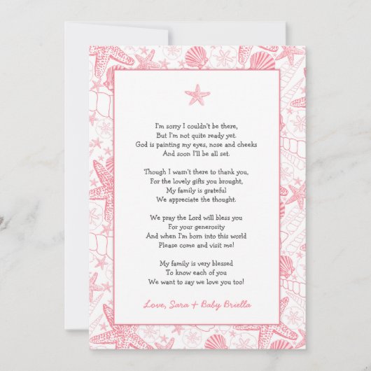 Pink Sea Shells baby shower dank u notitiegedicht Kaart (Voorkant)