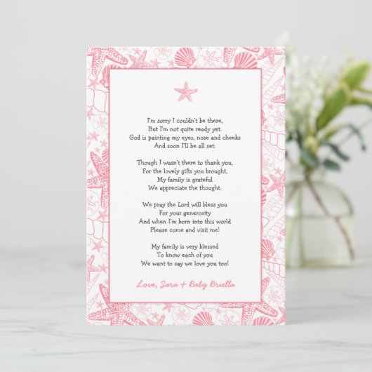 Pink Sea Shells baby shower dank u notitiegedicht Kaart (Staand voorkant)