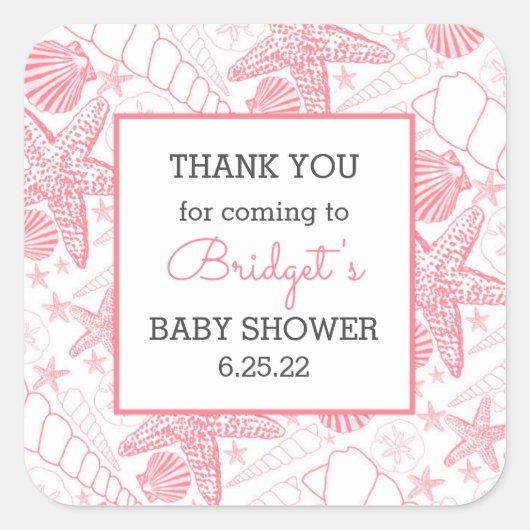 Pink Sea Shells baby shower gunst dank u Vierkante Sticker (Voorkant)