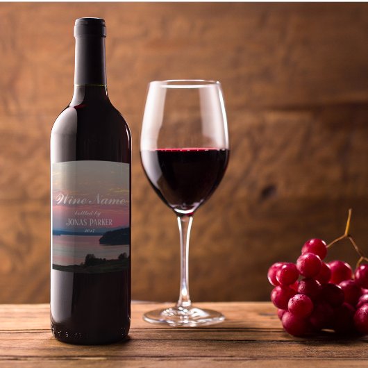 Pink Seascape Sunset Foto gepersonaliseerd Wijn Etiket