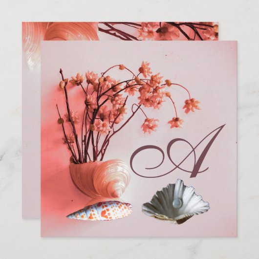 PINK SEASHELLS, FLOWERS MONOGRAM Beach Weddenschap Kaart (Voorkant / Achterkant)