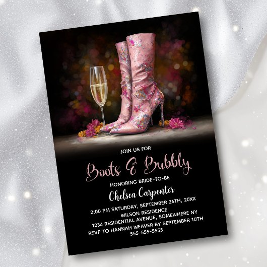Pink Sequin Boots and Bubbly Bridal Shower Kaart