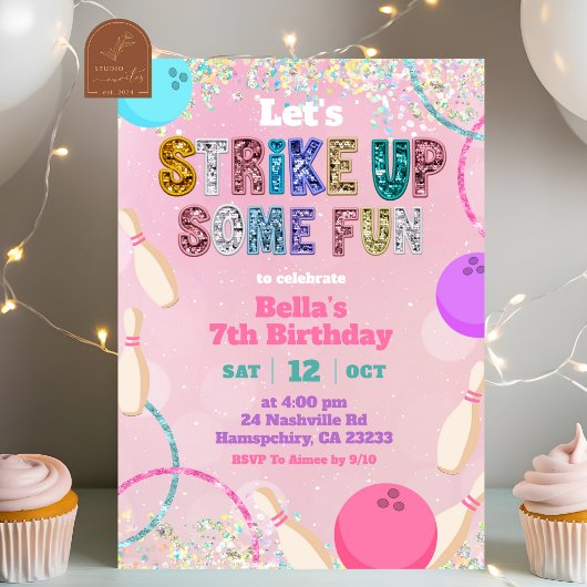 Pink Sequin Glitter Bowling Party Invitation Kaart