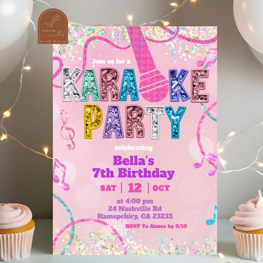 Pink Sequin Glitter Karaoke Party Birthday Invitat Kaart