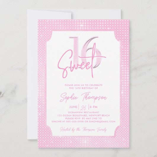 Pink Sequins Elegant Frame Calligraphy Sweet 16 Kaart (Voorkant)
