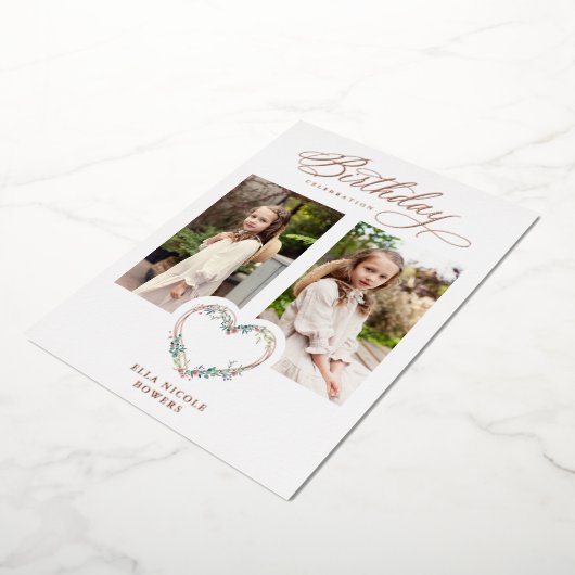 Pink Shades Birthday 2 Photos Floral Heart Folie Uitnodiging (Gedraaid)