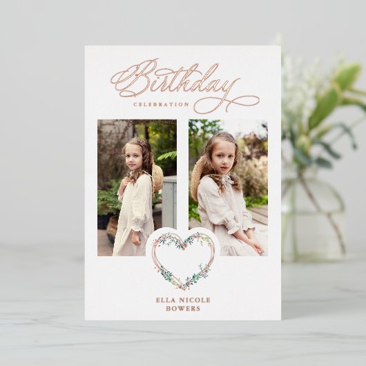 Pink Shades Birthday 2 Photos Floral Heart Folie Uitnodiging (Staand Voorkant)