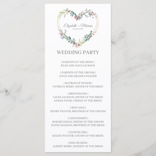 Pink Shades Heart on Wildflowers for Wedding Programmakaart (Achterkant)