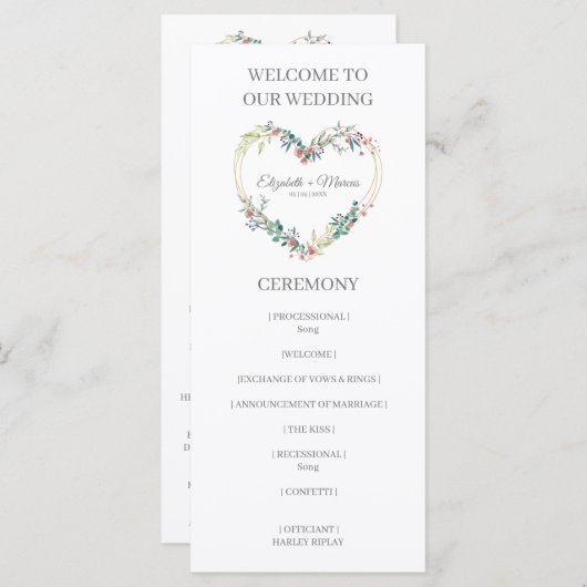 Pink Shades Heart on Wildflowers for Wedding Programmakaart (Voorkant / Achterkant)