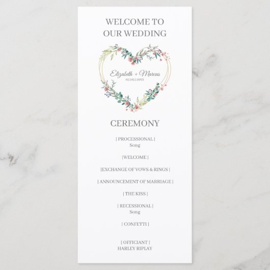 Pink Shades Heart on Wildflowers for Wedding Programmakaart (Voorkant)