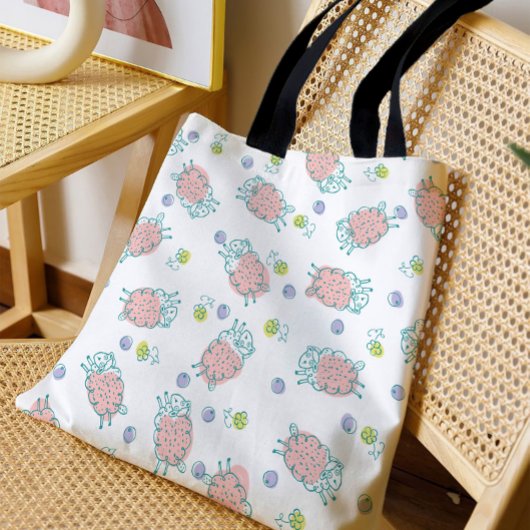 Pink Sheep with Flowers & Berries - Cute Pattern Tote Bag