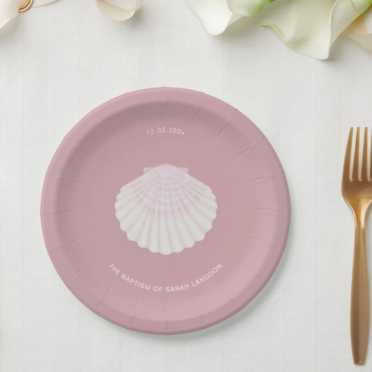 Pink shell baptism christening Paper Plate Papieren Bordje