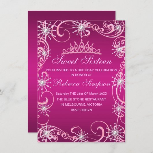 Pink Shimmer Snowflake Verjaardag Uitnodigen Kaart (Voorkant / Achterkant)