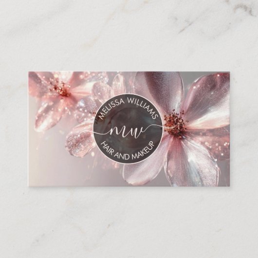 Pink Shiny Floral Logo Initials Business Card Visitekaartje (Voorkant)