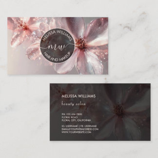 Pink Shiny Floral Logo Initials Business Card Visitekaartje