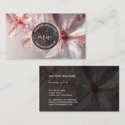Pink Shiny Floral Logo Initials Business Card Visitekaartje (Voorkant / Achterkant)