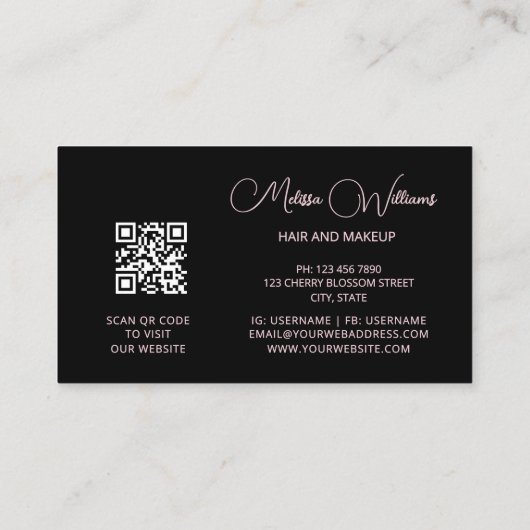 Pink Shiny Metallic Black Floral | QR Code  Visitekaartje (Achterkant)