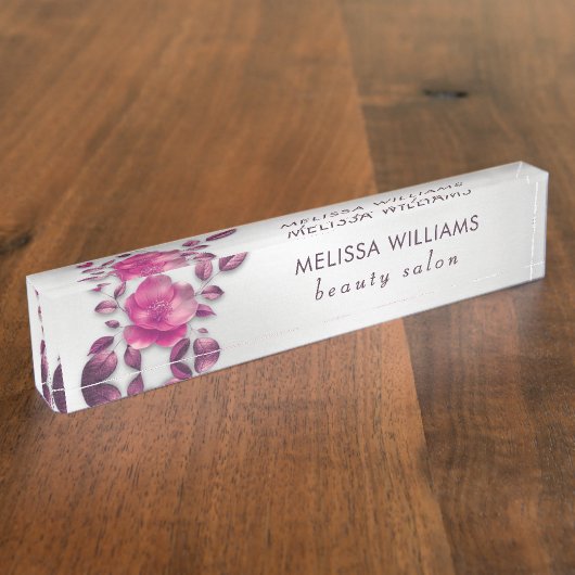 Pink Shiny Metallic Flower Silver Naambordje (Zijkant)