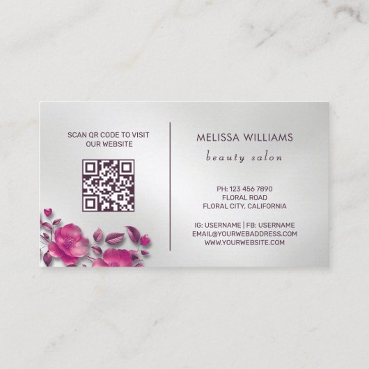 Pink Shiny Metallic Flower Silver Visitekaartje (Achterkant)