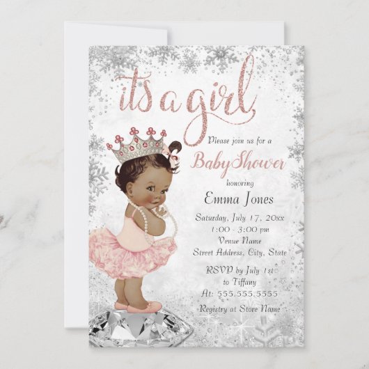 Pink Silver African American Princess Baby shower Kaart (Voorkant)