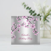 Pink Silver Asian Floral Birthday Party Kaart (Staand voorkant)