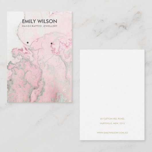 PINK SILVER BLUSH AGATE MARBLE EARRING DISPLAY VISITEKAARTJE (Voorkant / Achterkant)