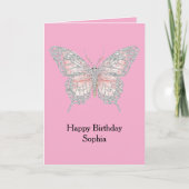 Pink Silver Butterfly Birthday Kaart (Voorkant)