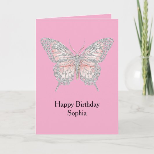 Pink Silver Butterfly Birthday Kaart (Voorkant)