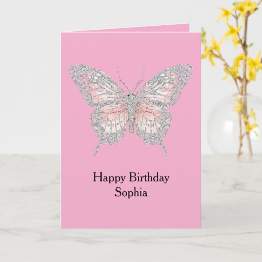Pink Silver Butterfly Birthday Kaart (Gele Bloem)