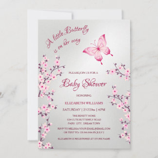 Pink Silver Butterfly | Girl Baby Shower  Kaart