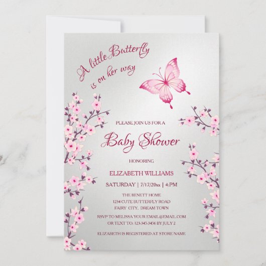 Pink Silver Butterfly | Girl Baby Shower  Kaart (Voorkant)