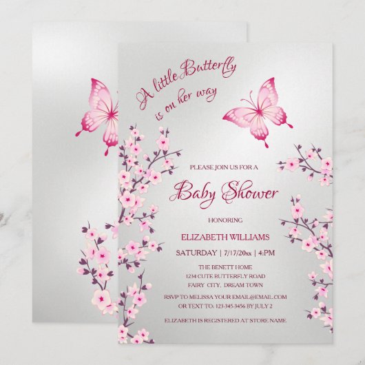 Pink Silver Butterfly | Girl Baby Shower  Kaart (Voorkant / Achterkant)