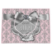 Pink Silver Damask Baby Girl Groot Cadeauzakje (Voorkant)