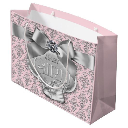 Pink Silver Damask Baby Girl Groot Cadeauzakje (Achterkant Gekanteld)