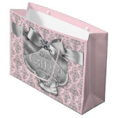 Pink Silver Damask Baby Girl Groot Cadeauzakje (Voorkant Gekanteld)
