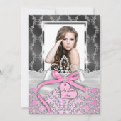 Pink Silver diamant Bow Foto Quinceanera Invite Kaart (Voorkant)