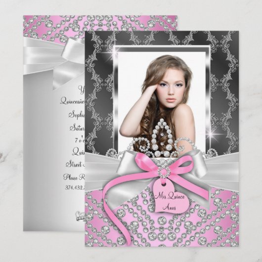 Pink Silver diamant Bow Foto Quinceanera Invite Kaart (Voorkant / Achterkant)