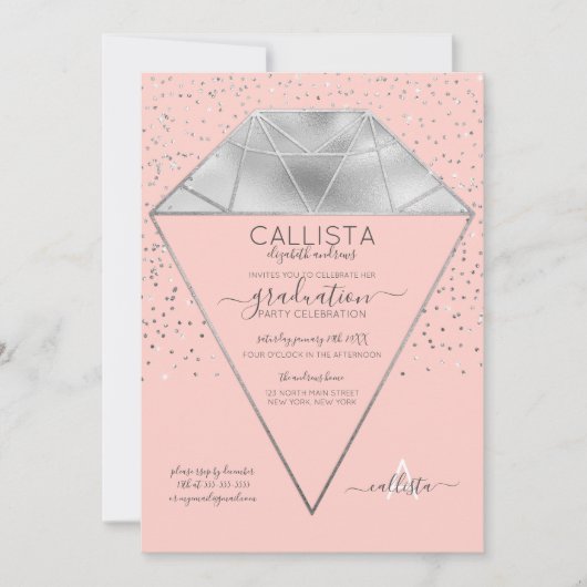 Pink Silver Diamond Confetti Glitter Afstuderen Kaart (Voorkant)