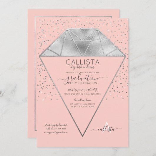Pink Silver Diamond Confetti Glitter Afstuderen Kaart (Voorkant / Achterkant)