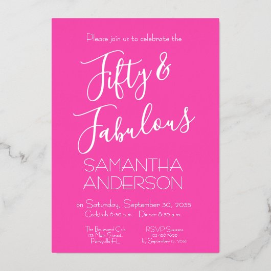 Pink Silver Elegant 50 & Fabulous Birthday Party Folie Uitnodiging (Voorkant)
