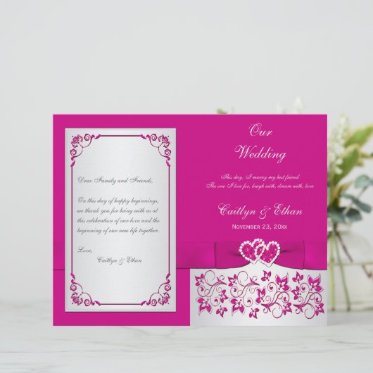 Pink, Silver Floral Hearts Wedding Programme (Staand voorkant)