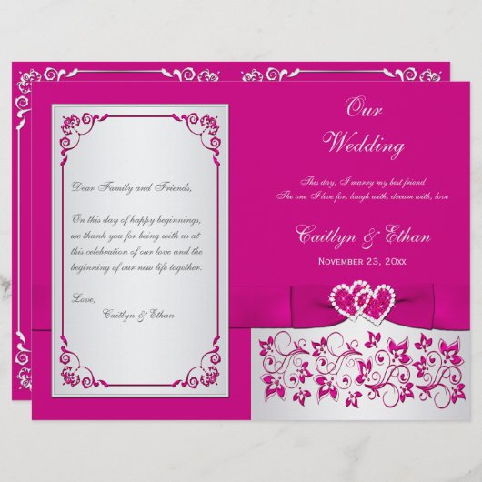Pink, Silver Floral Hearts Wedding Programme (Voorkant / Achterkant)