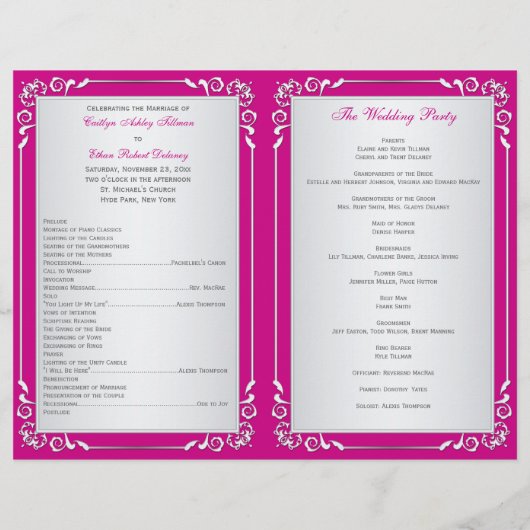 Pink, Silver Floral Hearts Wedding Programme (Achterkant)