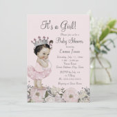 Pink Silver Floral Princess Baby shower Uitnodigin Kaart (Staand voorkant)