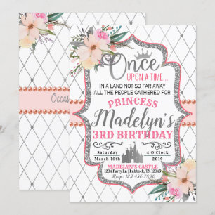 Pink Silver Floral Princess Birthday Invitation Kaart