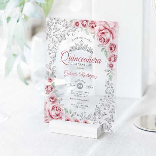 Pink Silver Floral Quinceanera Acryl Uitnodigingen