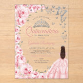 Pink Silver Floral Quinceanera Acryl Uitnodigingen (Voorkant)